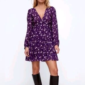 Zara Dark Purple Floral Long Sleeve Dress Romantic Size L